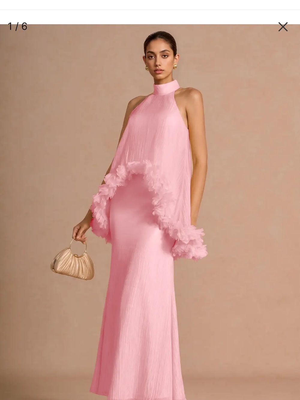Azazie Pink Halter Ruffle-Trim Evening Gown